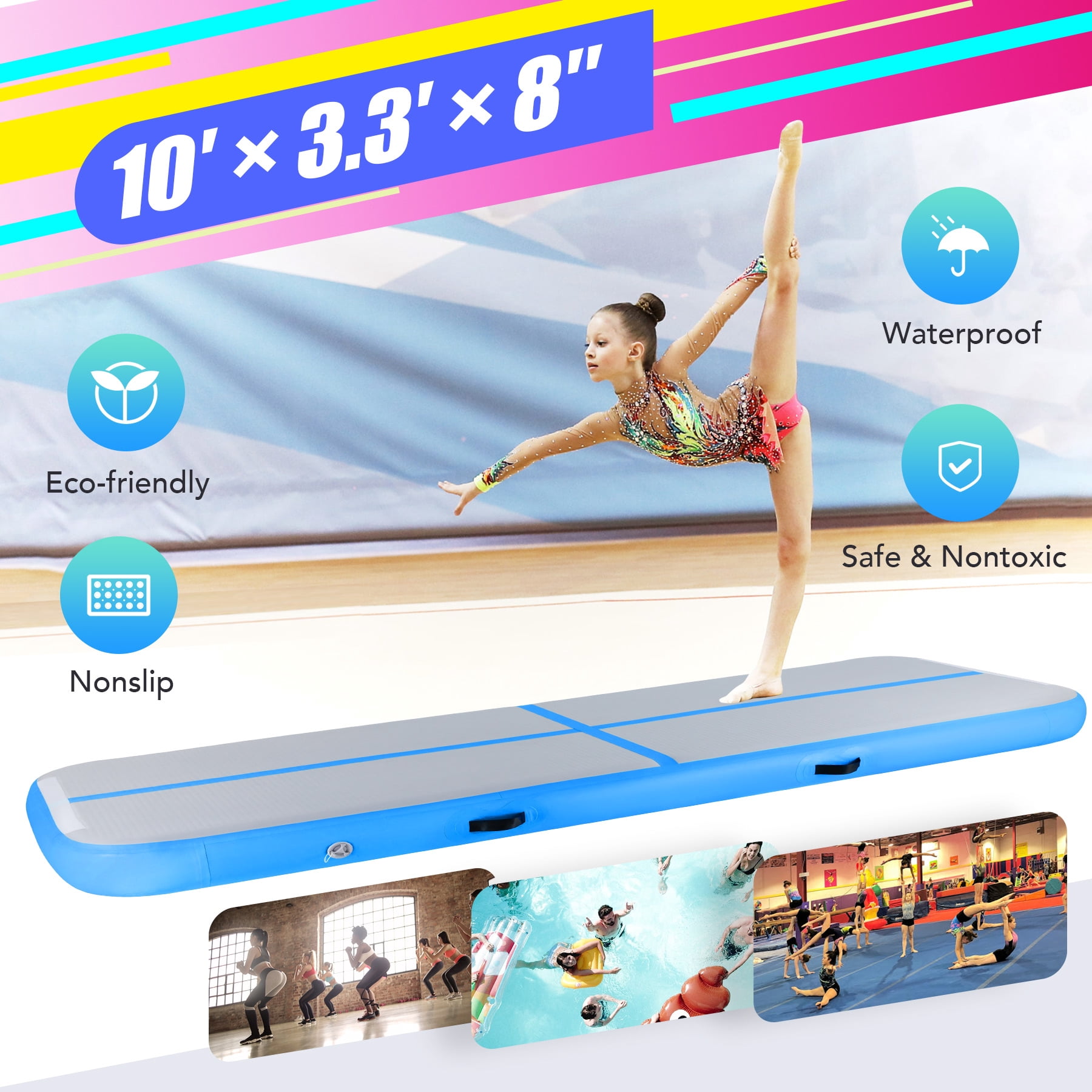 Growthrill Inflatable Gymnastics Mat Air Track Floor Mat Water Buoyancy with Electric Pump Blue