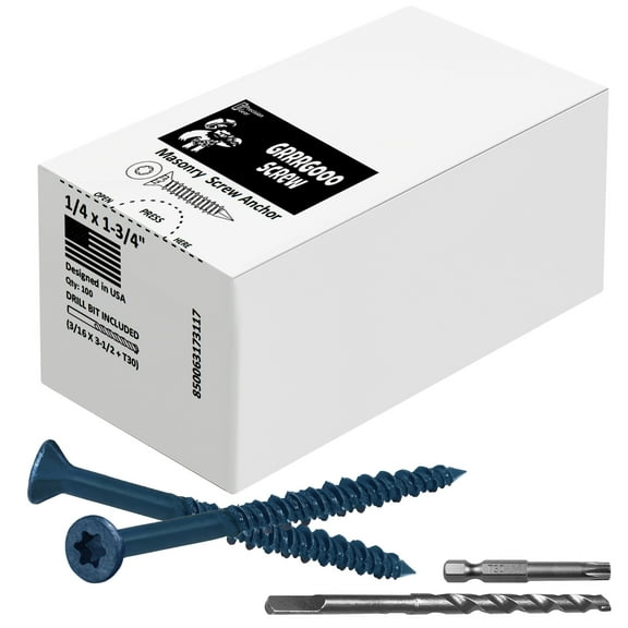 Grrrgooo Screw 1/4 x 1-3/4" Star Torx Head Concrete Screws - Steel Masonry Screws for Concrete, Bricks, Blocks - Self-Tapping Concrete Screws with 3/16 x3-1/2 Drill Bit - 100 Screws/Box