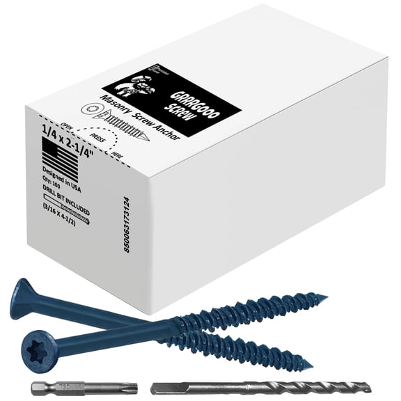 Grrrgooo Screw 1/4 x 2-1/4" Star Torx Head Concrete Screws - Steel Masonry Screws for Concrete, Bricks, Blocks - Self-Tapping Concrete Screws with 3/16 x4-1/2 Drill Bit - 100 Screws/Box