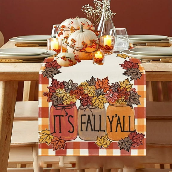 Grrvtrz Thanksgiving Maple Leaf Pumpkin Turkey Pattern Table Flag Tablecloth Mat Party Table Decoration Table Flag 13x72in,Holiday Products,Home Decor