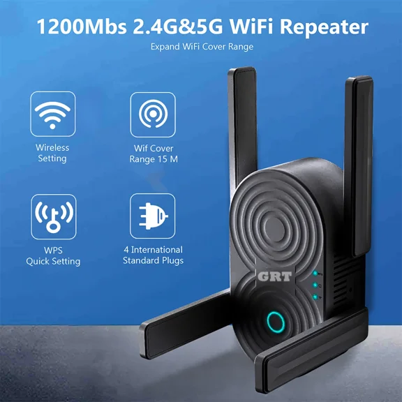Grt 1200 Mbps Booster Extender Wireless Wifi Repeater 2.4G/5G Signal Amplifier
