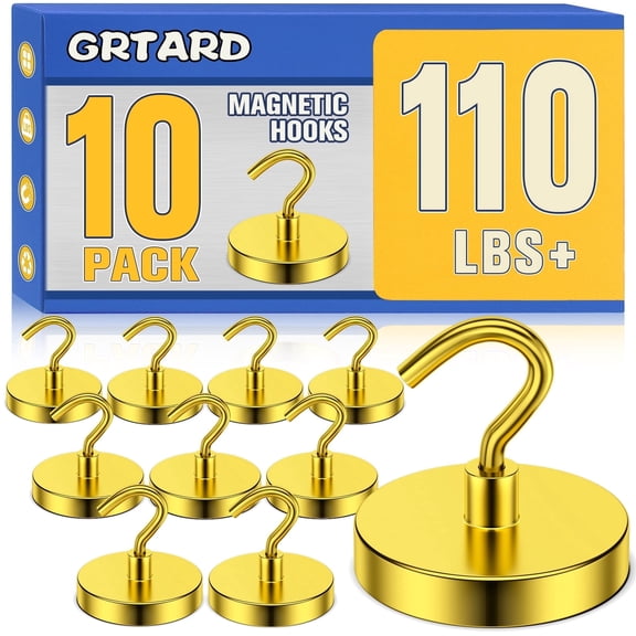 Grtard 10Pack Magnetic Hooks Heavy Duty, 110 lbs Strong Magnet Hook for Cruise Cabins, Large Magnetic Hooks, Magnets with Hooks for Hanging, Cruise, Curtain, Home, Kitchen, Workplace(Yellow)