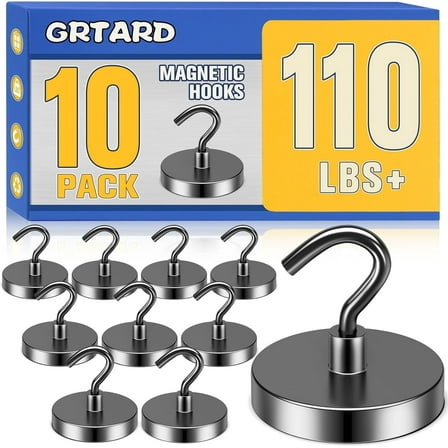 Grtard 10Pack Magnetic Hooks Heavy Duty, 110 lbs Strong Magnet Hook for Cruise Cabins, Large Magnetic Hooks, Magnets with Hooks for Hanging, Cruise, Curtain, Home, Kitchen, Workplace(Black)