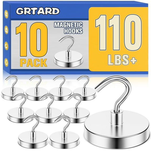 Grtard 10Pack Magnetic Hooks Heavy Duty, 110 lbs Strong Magnet Hook for Cruise Cabins, Large Magnetic Hooks, Magnets with Hooks for Hanging, Cruise, Curtain, Home, Kitchen, Workplace(Silver)