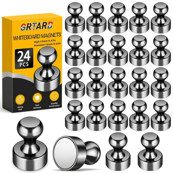 Grtard 24Pcs Black Magnetic Push Pins,Black Refrigerator Magnets, Small Whiteboard Magnets for Locker,Office, School, Locker, Map,Kitchen