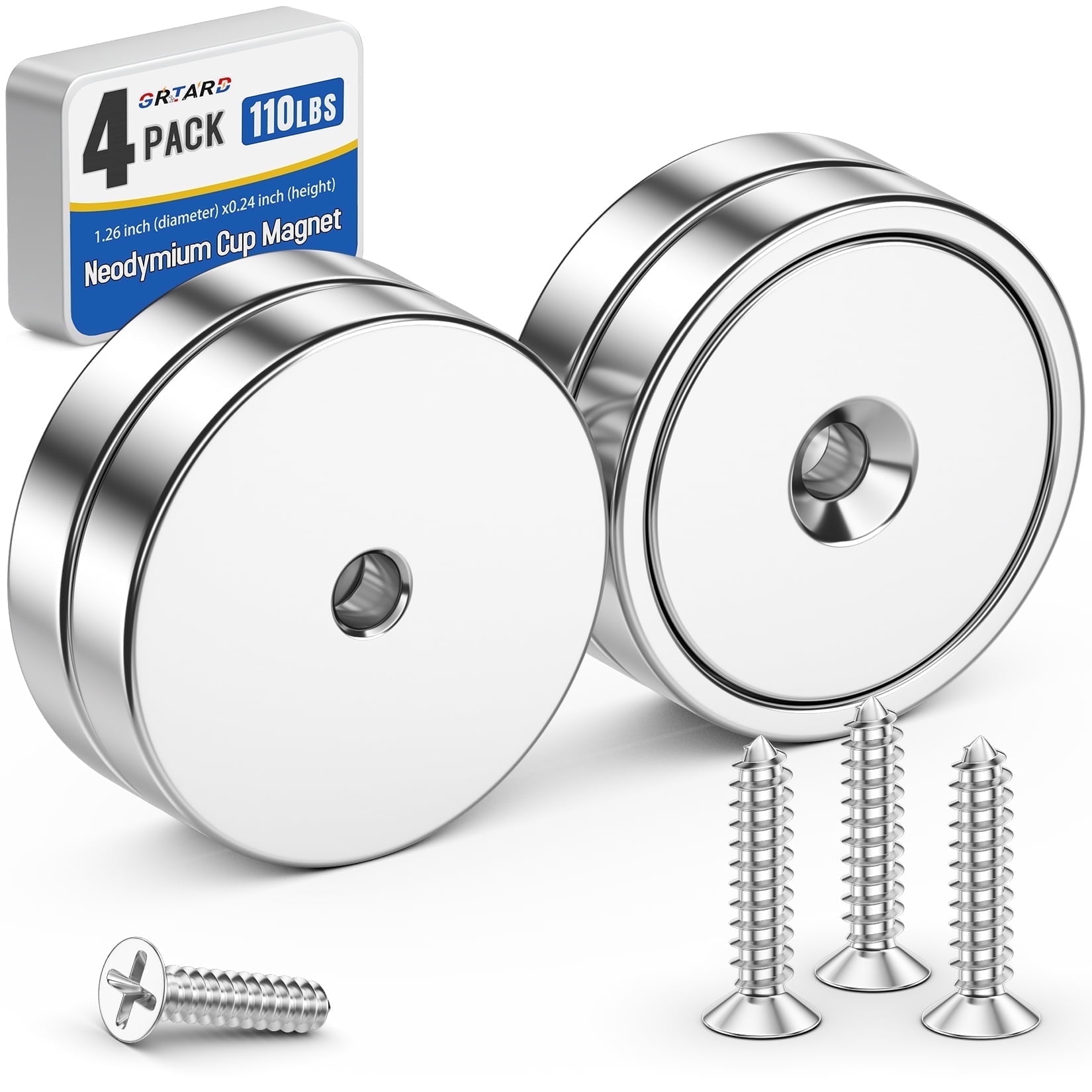 Grtard 4 Pack Neodymium Cup Magnets, 100LBS Holding Force Strong Rare Earth Magnets with Heavy Duty Countersunk Hole and Stainless Screws for Refrigerator,Office and Garage