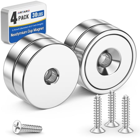 Grtard 4 Pack Neodymium Cup Magnets, 30LBS Holding Force Strong Rare Earth Magnets with Heavy Duty Countersunk Hole and Stainless Screws for Refrigerator,Office and Garage