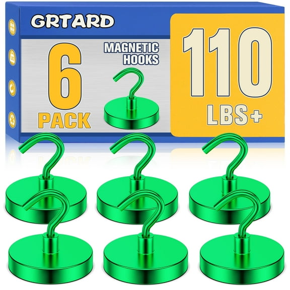 Grtard 6Pack Magnetic Hooks Heavy Duty, 110 lbs Strong Magnet Hook for Cruise Cabins, Large Magnetic Hooks, Magnets with Hooks for Hanging, Cruise, Curtain, Home, Kitchen(Green)