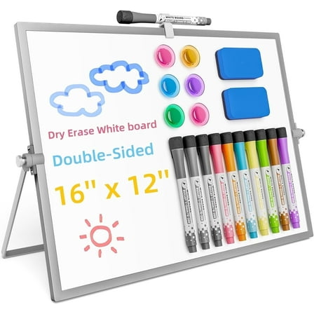 Grtard Magnetic Dry Erase White Board with Stand, 16''x12'' Double-Sided Desktop Whiteboard with 8 Markers, 2 Erasers