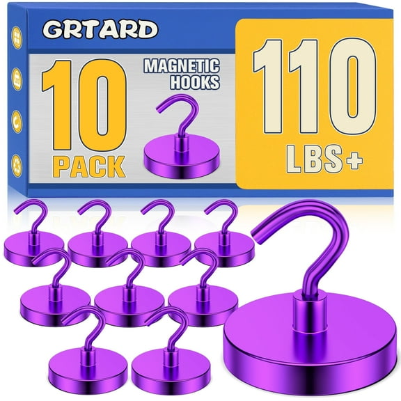 Grtard 10 Pack Magnetic Hooks Heavy Duty, 110LBS Neodymium Magnet Hooks for Cruise Cabin, Strong Magnetic Hooks for Hanging, Magnets with Hooks for Home, Kitchen, Workplace, Bathroom(Purple)