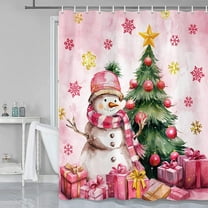Grtuspr Merry Christmas Shower Curtain Pink Xmas Ball Cute Snowman Shower Curtain White Winter Snowflake Bathroom Shower Curtain Sets with Hooks Small Waterproof Washable Fabric, 72X72in