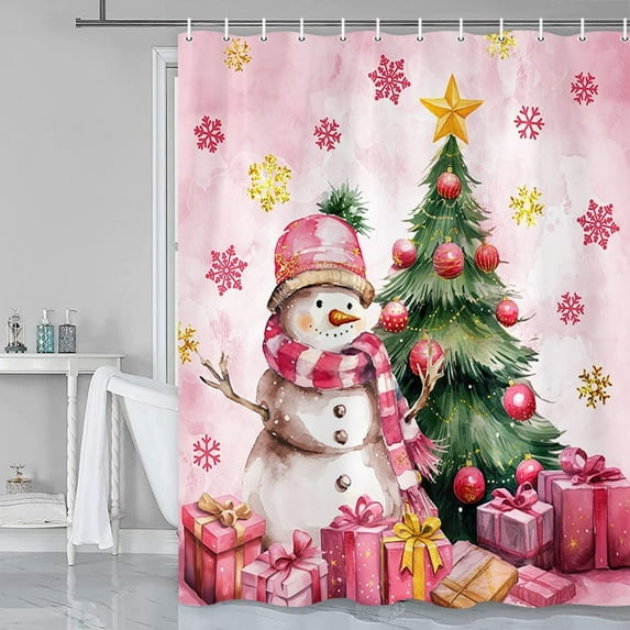 Grtuspr Merry Christmas Shower Curtain Pink Xmas Ball Cute Snowman Shower Curtain White Winter Snowflake Bathroom Shower Curtain Sets with Hooks Small Waterproof Washable Fabric, 72X72in