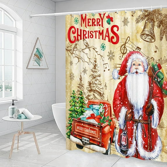 Grtuspr Vintage Merry Christmas Shower Curtain, Cute Santa Claus Red Truck Winter Home Bathtubs Bathroom Curtain Decoration Set 12 Hooks Washable Durable Polyester Fabric, 72X72in