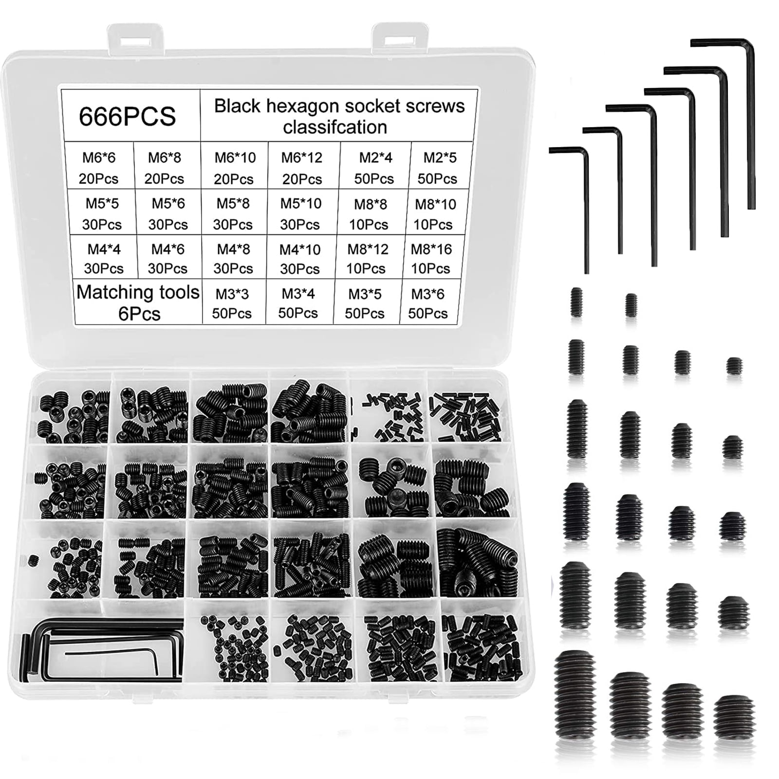 666Pcs Grub Screws Assortment Kit 12.9 Grade Carbon Steel M2 M3 M4 M5