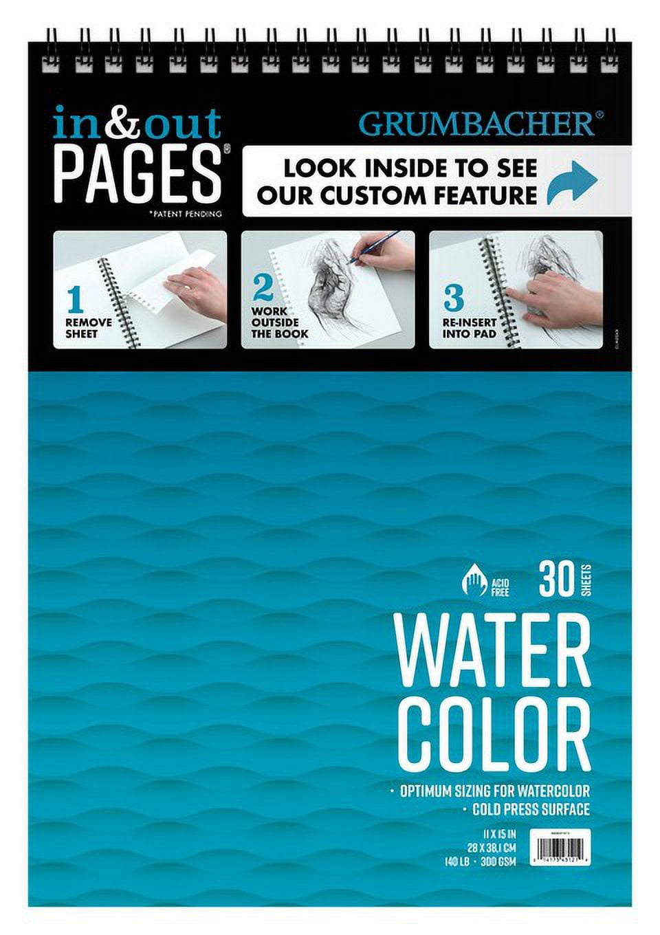 Grumbacher 11" x 15" Watercolor Paper Pad with In & Out Pages, 140 lb./300 GSM, Top Wired, 30 White Sheets, 1 Pad Each