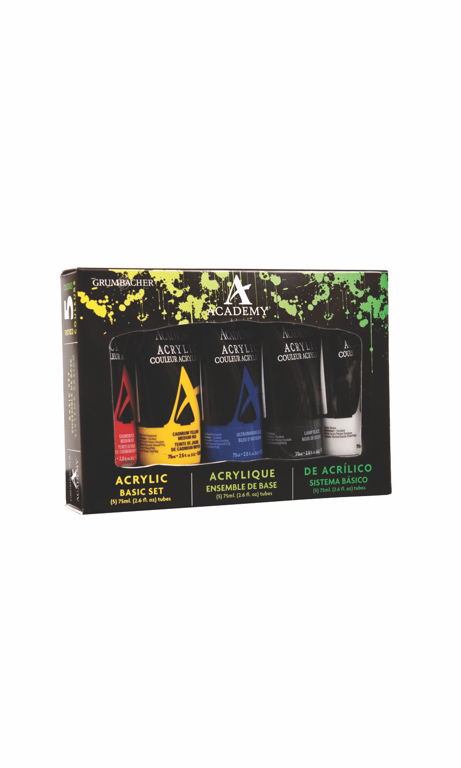 Grumbacher Academy Acrylic Paint Set, 5 Basic Colors, 75ml Tubes