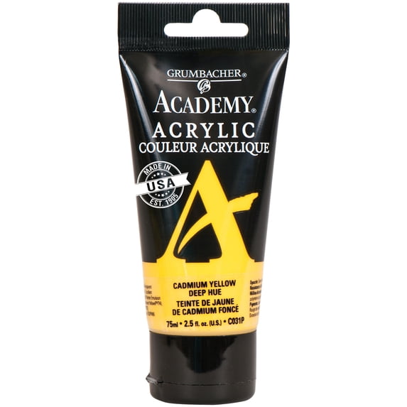 Grumbacher Academy Acrylic Paint, Cadmium Yellow Deep Hue, 75ml/2.5 oz. Plastic Tube, 3-Pack