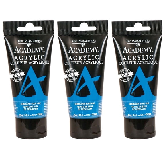 Grumbacher Academy Acrylic Paint, Cerulean Blue Hue, 75ml/2.5 oz. Plastic Tube, 3-Pack