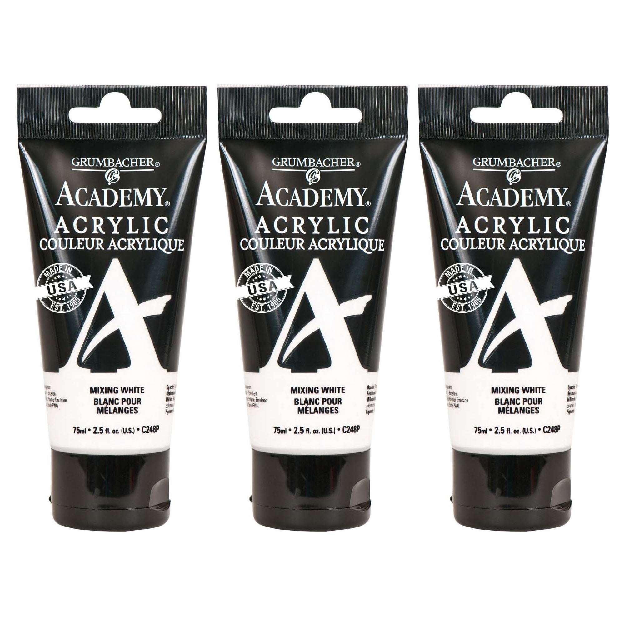 Grumbacher Academy Acrylic Paint, Mixing White, 75ml/2.5 oz. Plastic Tube, 3-Pack