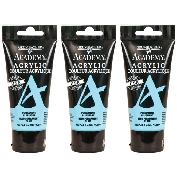 Grumbacher Academy Acrylic Paint, Permanent Blue Light, 75ml/2.5 oz. Plastic Tube, 3-Pack