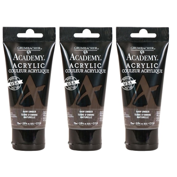 Grumbacher Academy Acrylic Paint, Raw Umber, 75ml/2.5 oz. Plastic Tube, 3-Pack