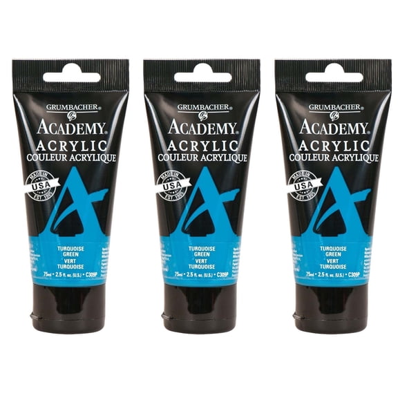 Grumbacher Academy Acrylic Paint, Turquoise Green, 75ml/2.5 oz. Plastic Tube, 3-Pack