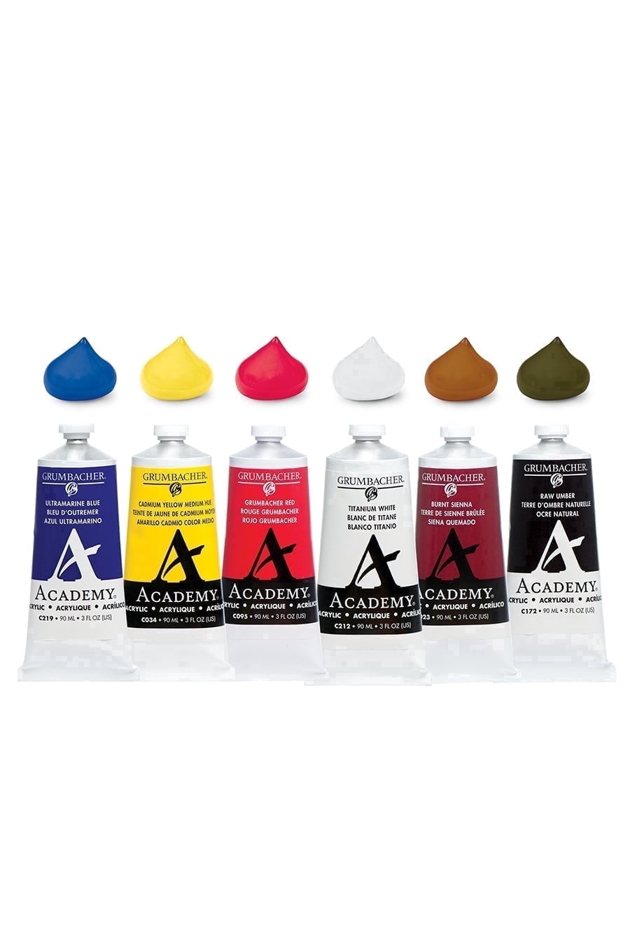 Grumbacher Academy Acrylic Paint Set, Six Colors, 90 ml. Tubes