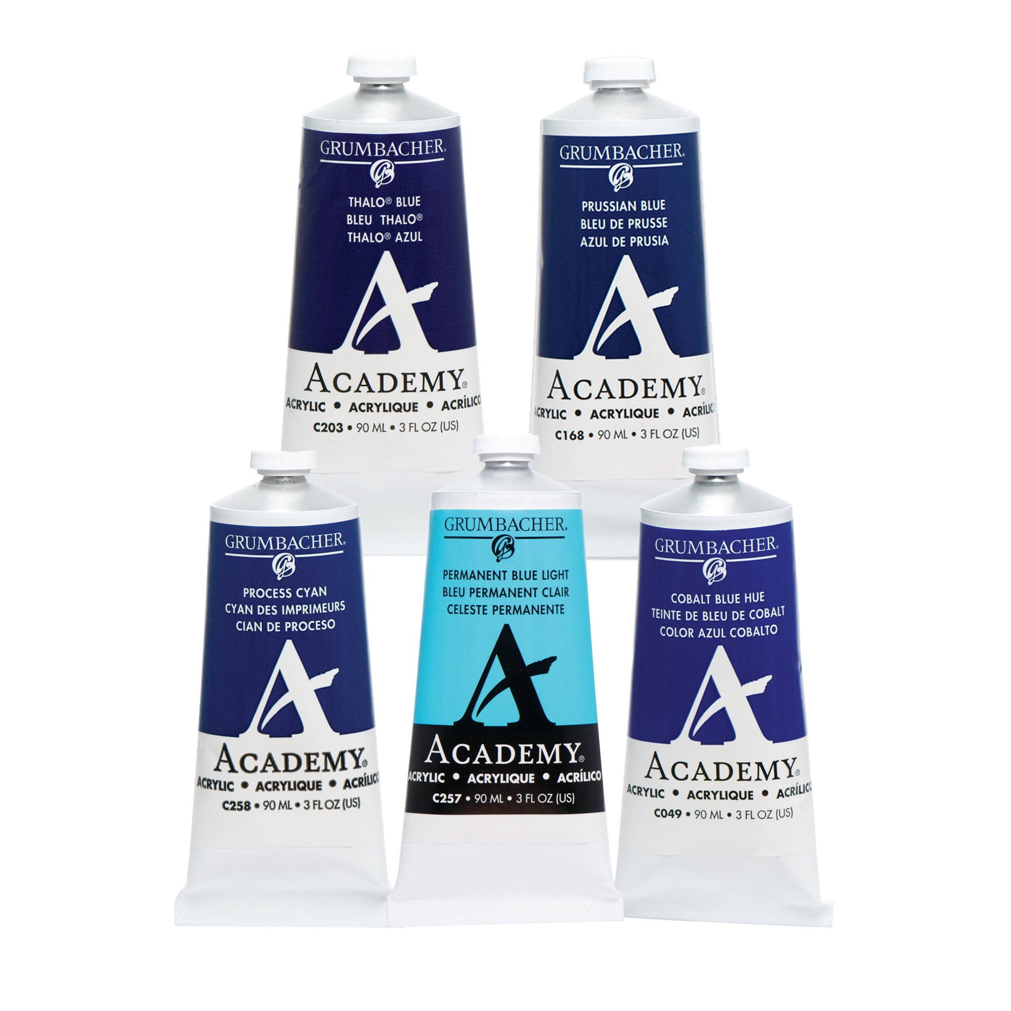 Grumbacher Academy Professional Acrylic Paint Set of 5 - 90ml Blue Colors - Artist Grade Acrylic Paint Set with Premium Pigments, Semi-Gloss Sheen, ASTM Lightfast Rating 1