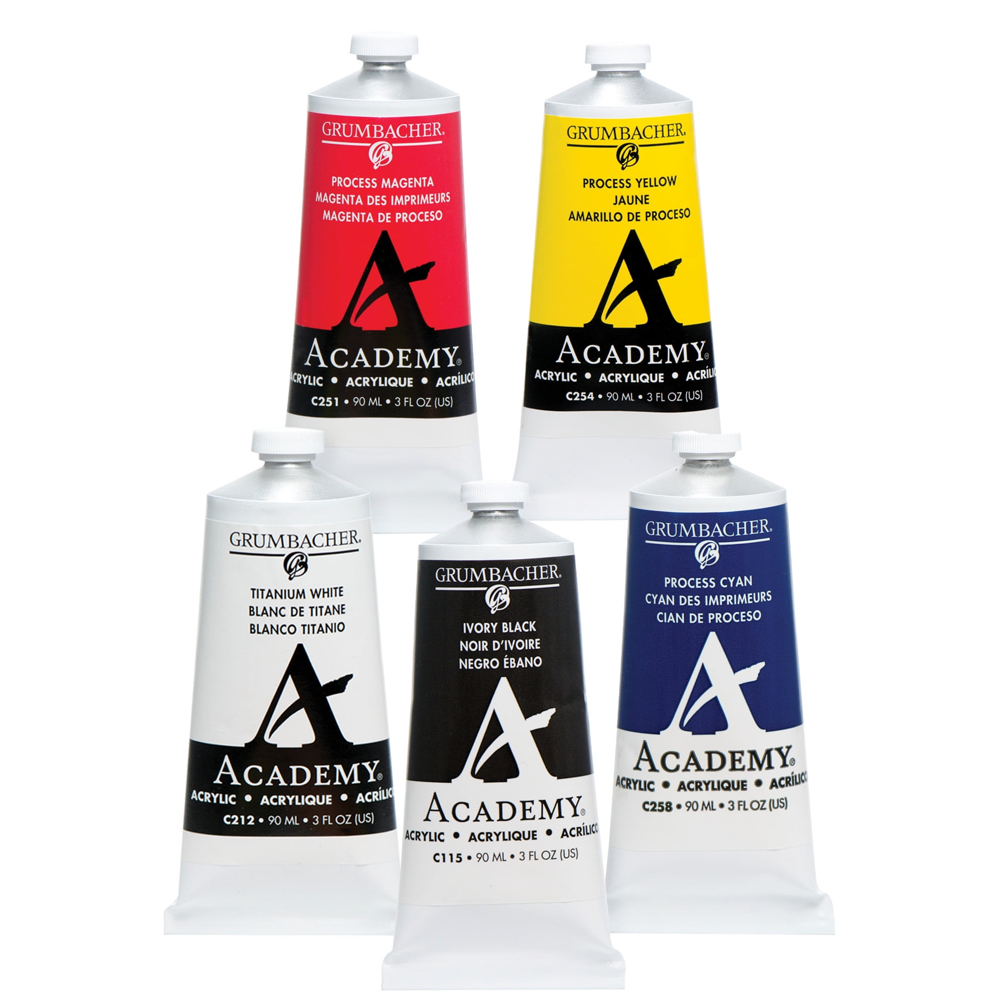 Grumbacher Academy Professional Acrylic Paint Set of 5 - 90ml CMYK Colors - Artist Grade Acrylic Paint Set with Premium Pigments, Semi-Gloss Sheen, ASTM Lightfast Rating 1