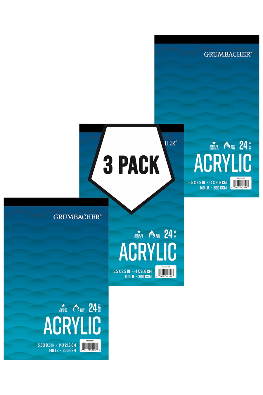 Grumbacher Acrylic 5.5" x 8.5"  Tape Bound Pad 140 lb. / 300 GSM 24 Sheets, 3 Pack