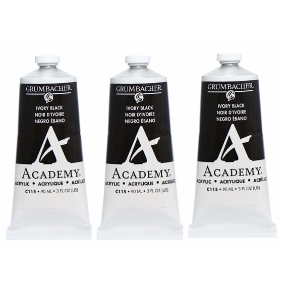 Grumbacher Acrylic Paint, Ivory Black, 90ml/3 oz. Metal Tube, 3-Pack