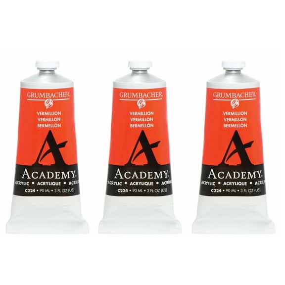 Grumbacher Acrylic Paint, Vermillion, 90ml/3 oz. Metal Tube, 3-Pack