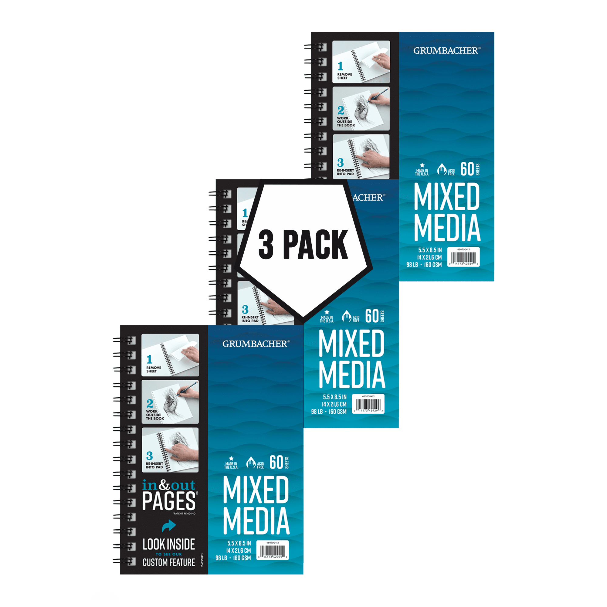 Grumbacher Mixed Media 5.5" x 8.5" Side Wire Bound Pad, 160 GSM, 60 Sheets, 3-Pack