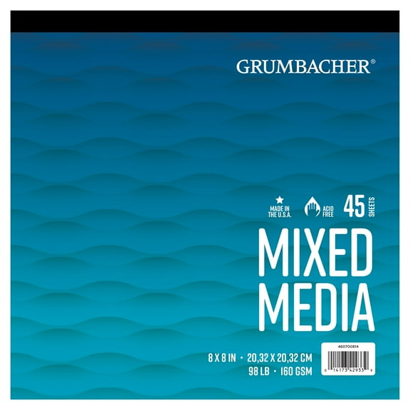 Grumbacher 8" x 8" Mixed Media Paper Pad, 98 lb. / 160 GSM, Tape-Bound, 45 Sheets/Pad