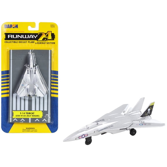 Grumman F-14 Tomcat Aircraft Silver Metallic "United States Navy VF-84 Jolly Rogers" with Runway Section Diecast Model Airplane by Runway24