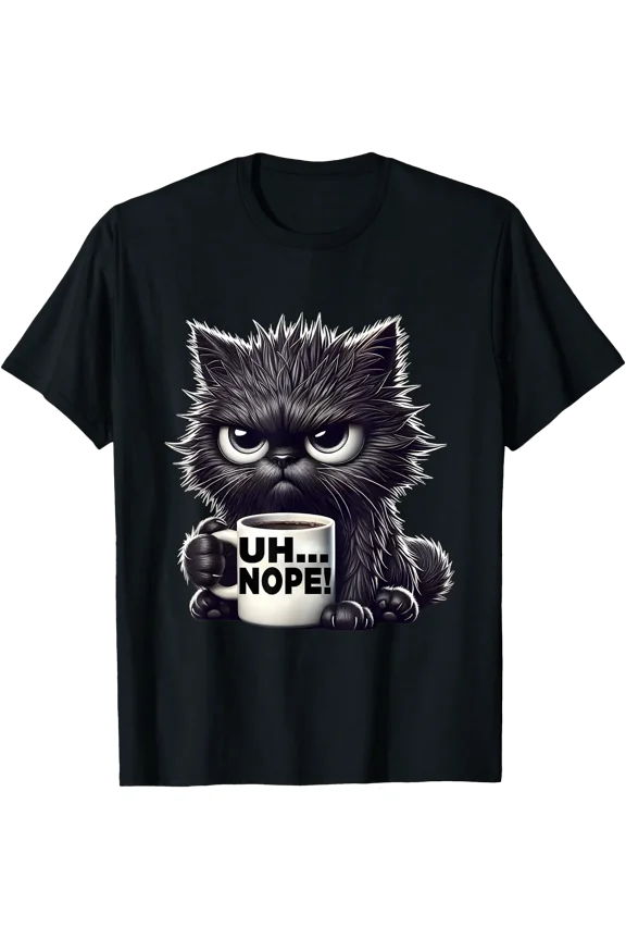 Grumpy Animal Uh Nope Cat Coffee Graphic Tee Funny Cat T-Shirt, Unisex T-Shirt