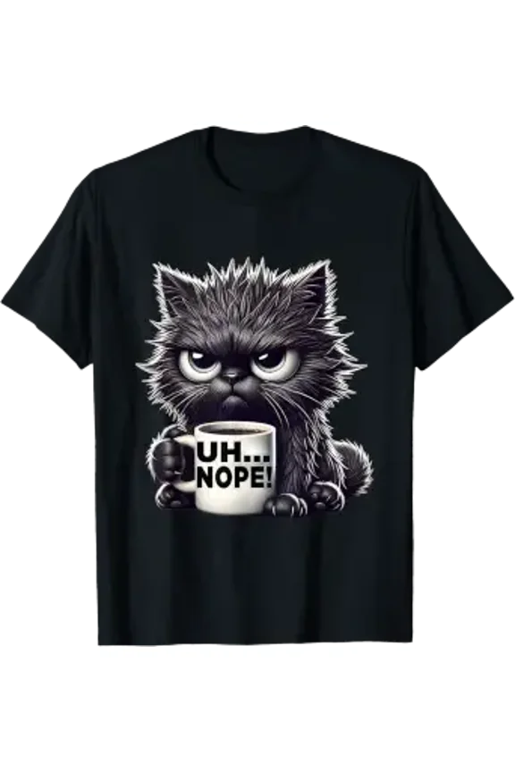 Grumpy Animal Uh Nope Cat Coffee Graphic Tee Funny Cat T-Shirt