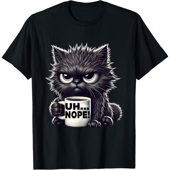 Grumpy Animal Uh Nope Cat Coffee Graphic Tee Funny Unisex T-Shirt