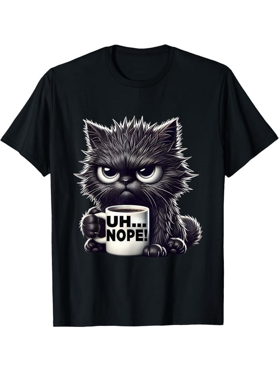Grumpy Animal Uh Nope Cat Coffee Graphic Tee Funny Unisex T-Shirt