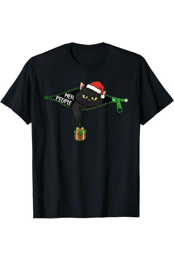 Grumpy Black Cat Christmas Meh People Xmas T-Shirt, Unisex T-Shirt