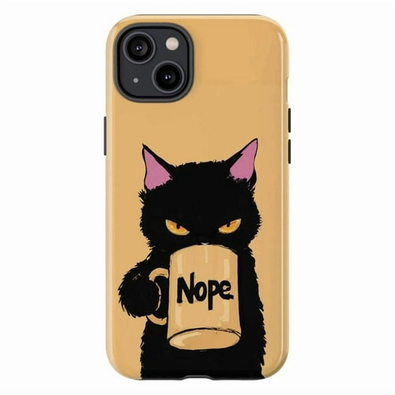 Grumpy Black Cat Phone Case, Funny "Nope" Coffee Mug Design, Sassy Cat Lover Protective Cover for iPhone 16 15 14 13 12 11 Pro Max Mini Plus