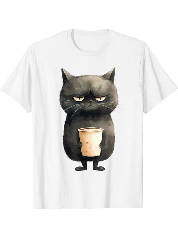 Grumpy Black Cat With Latte Coffee T-Shirt All Size S-5XL