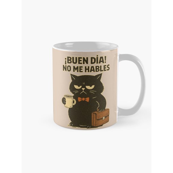 Grumpy Black Cat with Cup and Briefcase Buen Da! No Me Hables Coffee Mug, 11oz Ceramic, Full-Wrap Print
