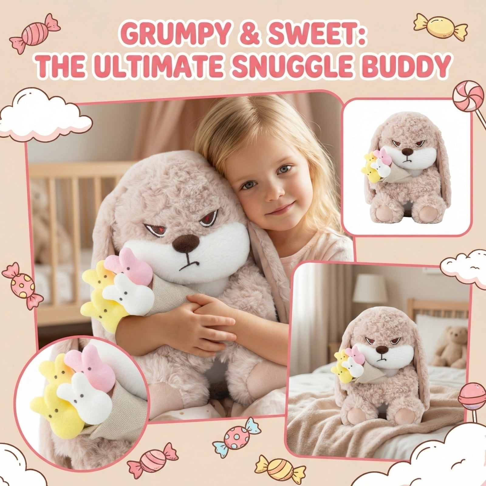 Grumpy Bunny Stuffed Animals with Bunny Bouquet, 11.8