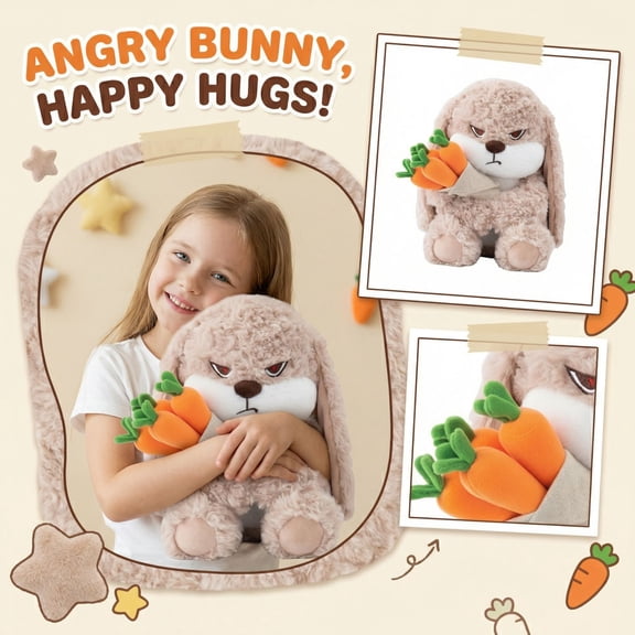 Grumpy Bunny Stuffed Animals with Carrot, 11.8" Easter Plush Rabbit Stuffed Animals with Floppy Ears, Cuddly Soft Plush Toys Huggable, Perfect Easter Gift