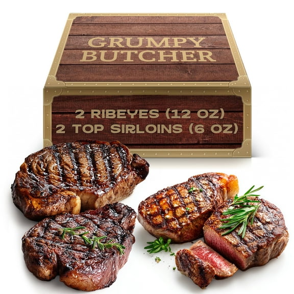 Grumpy Butcher 4 Beef Steaks Set: 2 Ribeyes (14 oz), 2 Top Sirloins (6 oz)