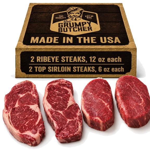 Grumpy Butcher Beef Steaks Ribeye and Top Sirloin Cuts, 4 Count