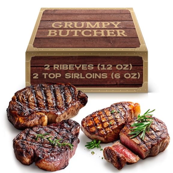 Grumpy Butcher 4 Beef Steaks Set: 2 Ribeyes (12 oz), 2 Top Sirloins (6 oz)