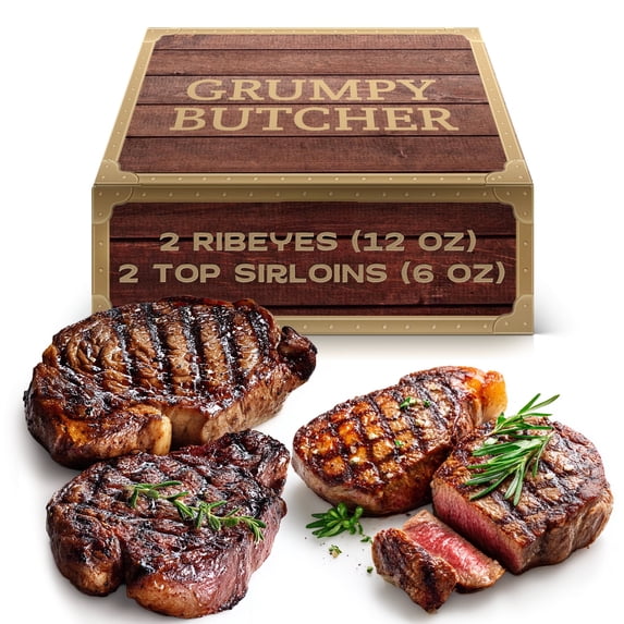 Grumpy Butcher 4 Beef Steaks Set: 2 Ribeyes (12 oz), 2 Top Sirloins (6 oz)