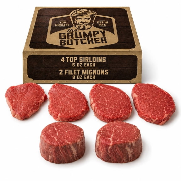 Grumpy Butcher 6 Beef Steaks Set: 4 Sirloins, 2 Large Filet Mignons